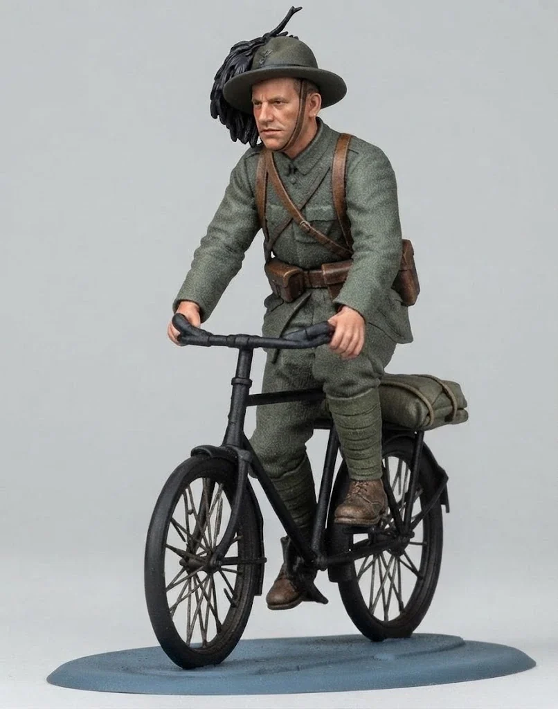 View 2 of WWI Italian Bersagliere on bicycle